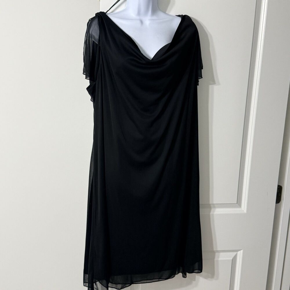 Blu Sage Formal Dress | Draped Cowl Neckline | Sheer Short Sleeves | Black | 24W